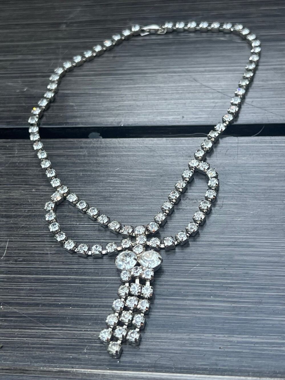 Vintage Clear Rhinestone Waterfall Dangle Necklace